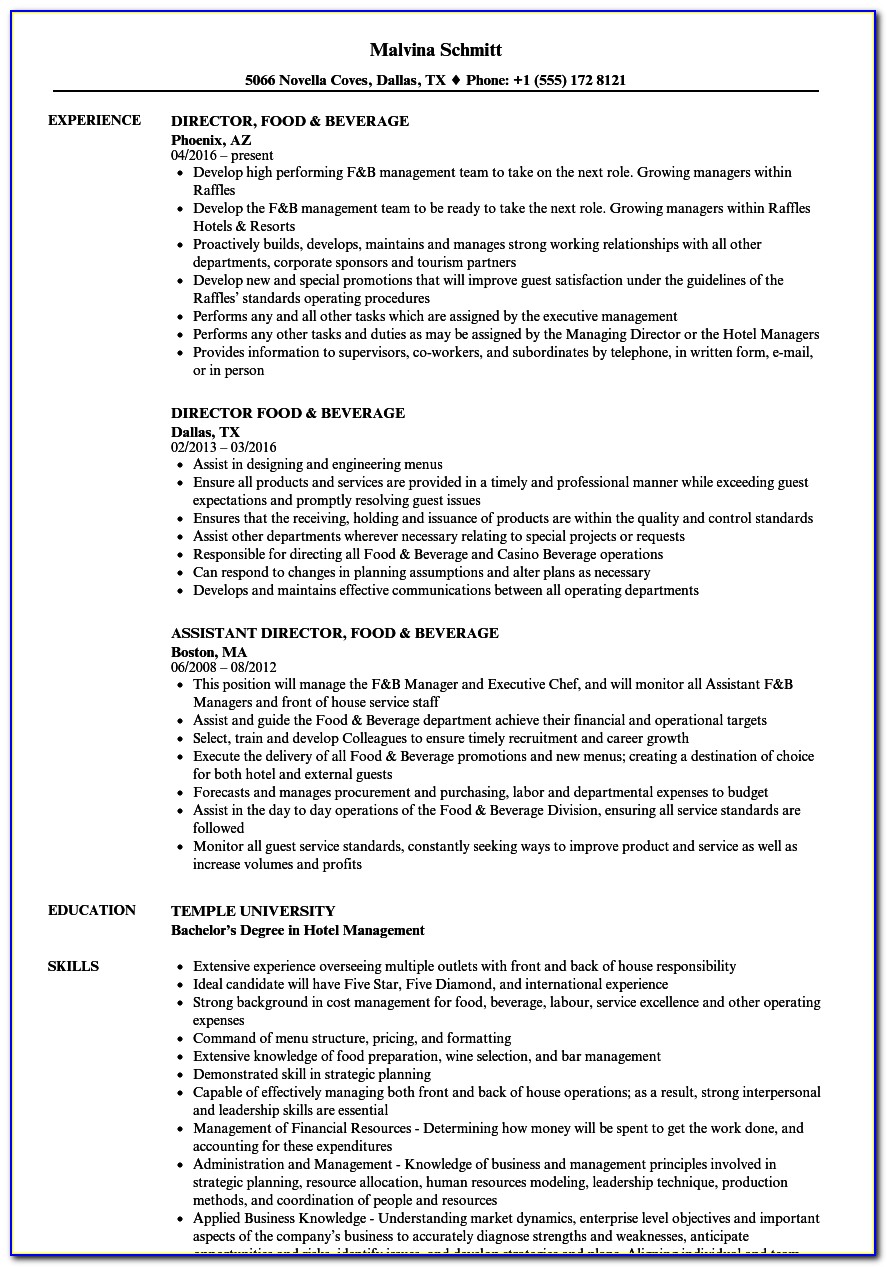 Food And Beverage Executive Resume Sample