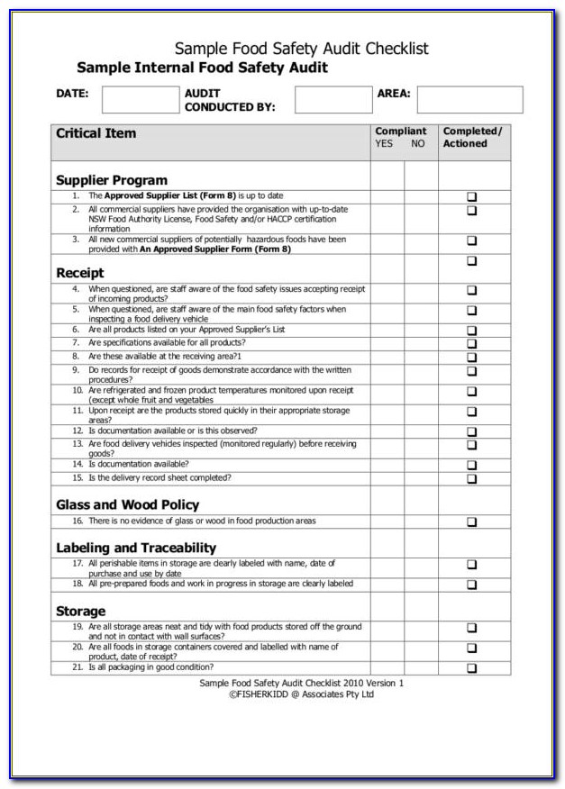 Food Safety Auditing Toolbox Audit Checklist Template