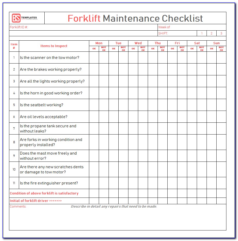 Forklift Maintenance Checklist Template