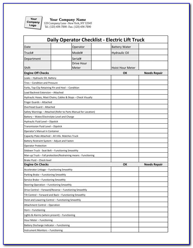 Forklift Truck Checklist Form