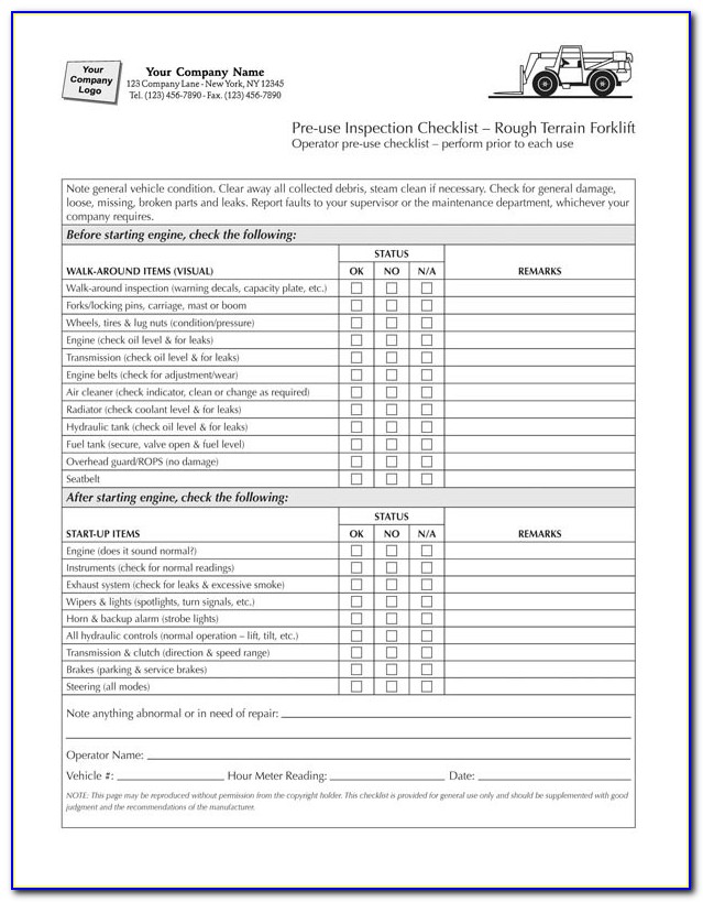 Forklift Weekly Checklist Template Uk