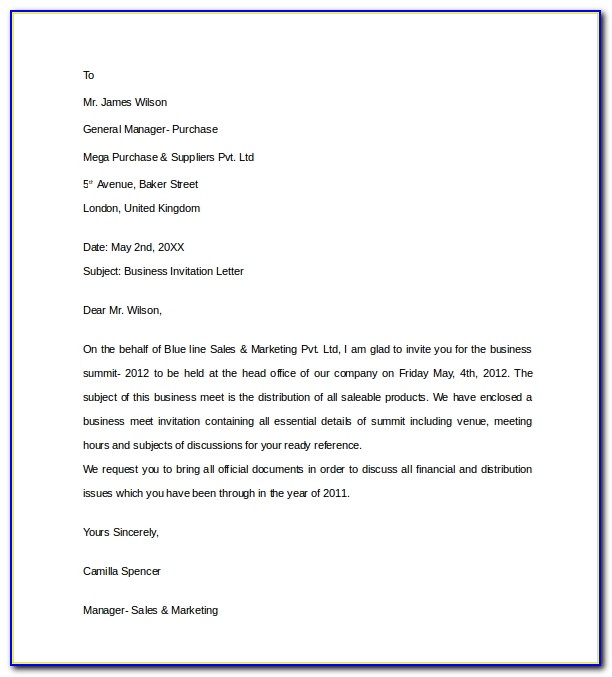 Formal Business Invitation Letter Example