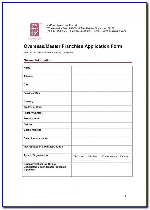 Franchise Registration Form Template