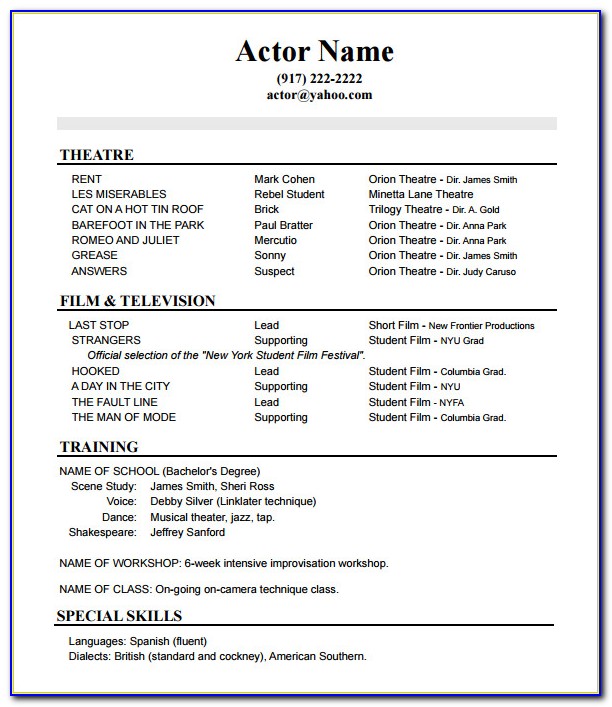 Free Acting Resume Template With Photo