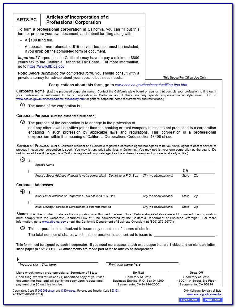 Free Articles Of Incorporation Form