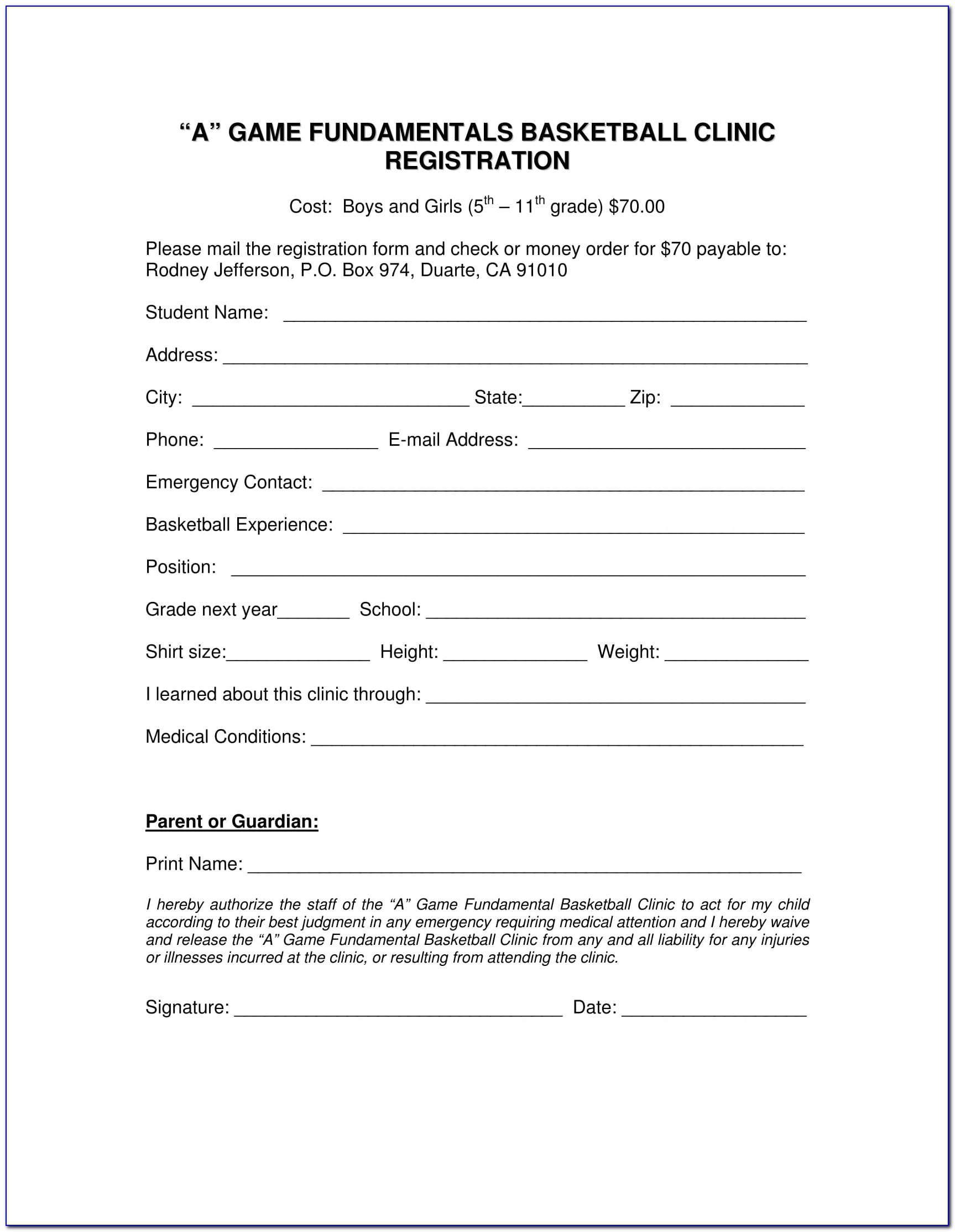 Free Basketball Camp Registration Form Template