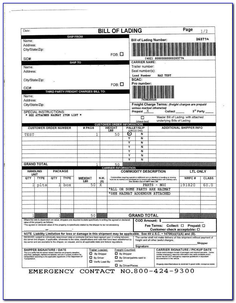 Free Bill Of Lading Short Form Template