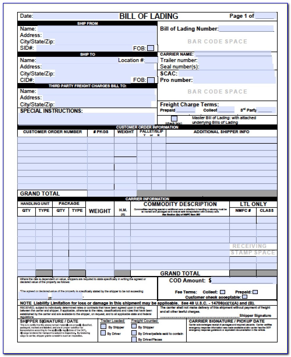 Free Bill Of Lading Template