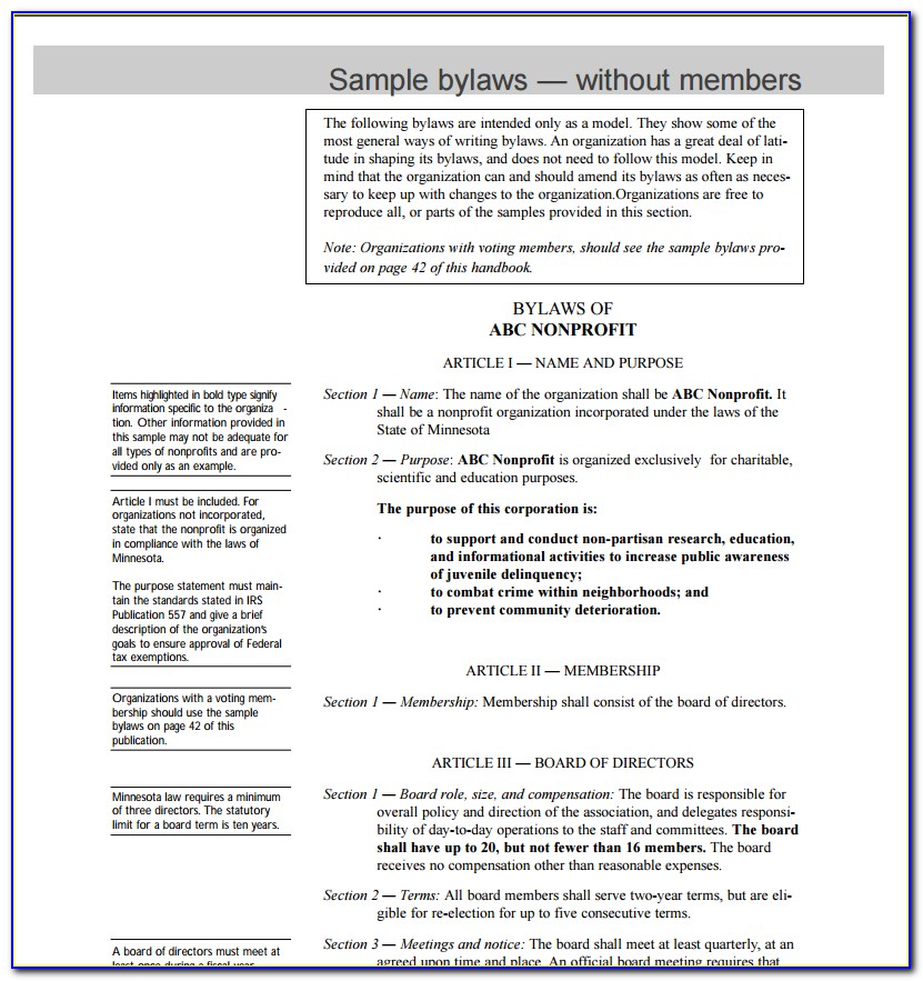 Free Bylaws For Nonprofit Organization Templates