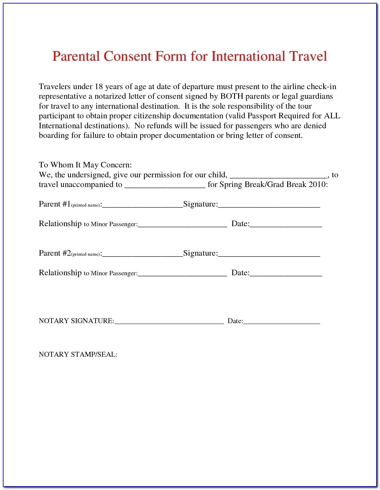 Free Child Travel Consent Form Template Pdf