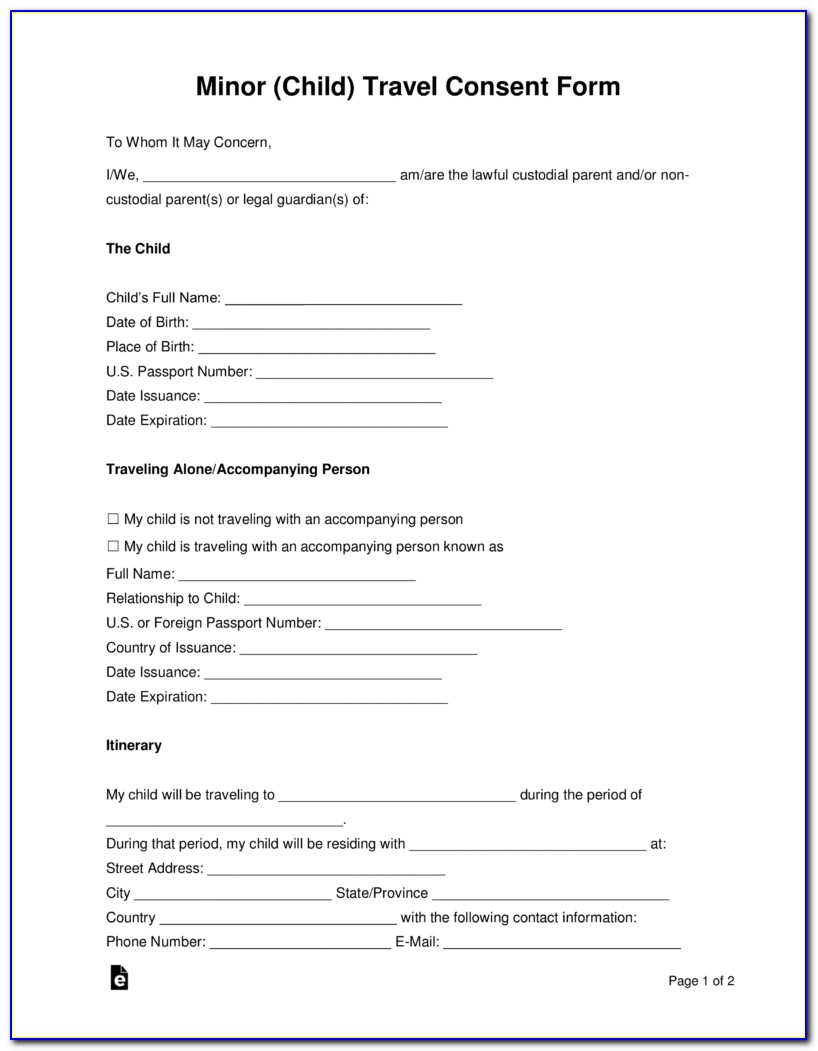 Free Child Travel Consent Form Template Uk Word