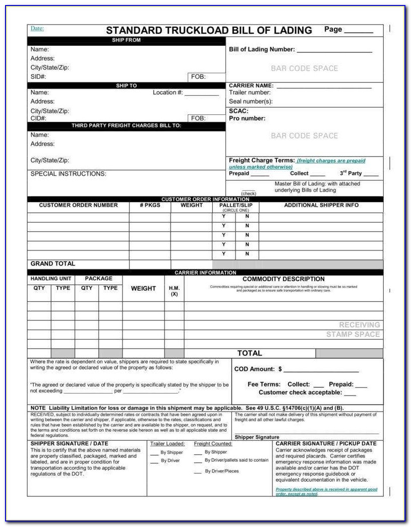 Free Fillable Bill Of Lading Form