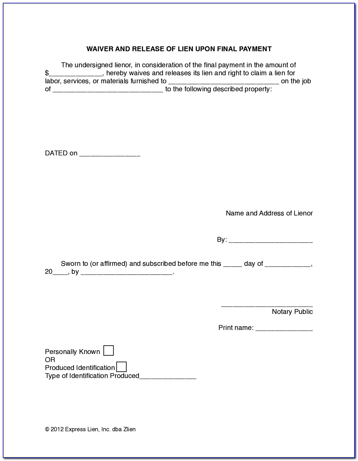 Free Final Waiver Of Lien Form Illinois