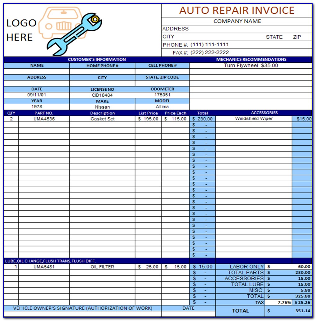 Free Printable Auto Repair Invoice Template