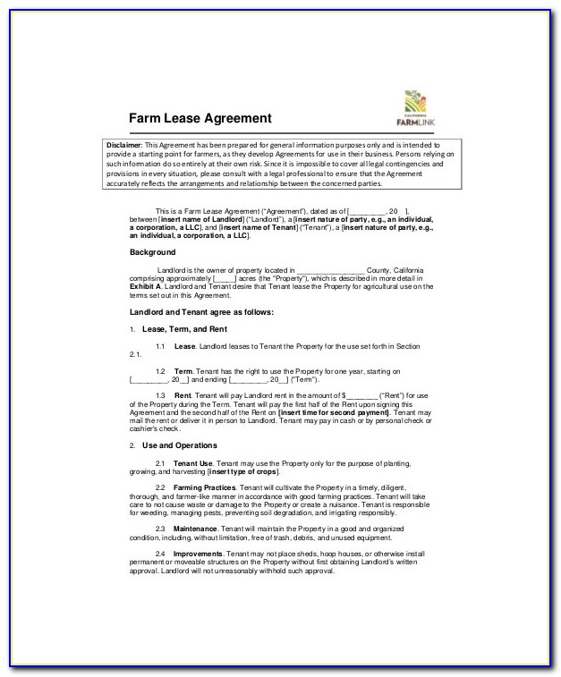 Free Sample Farm Land Lease Agreement