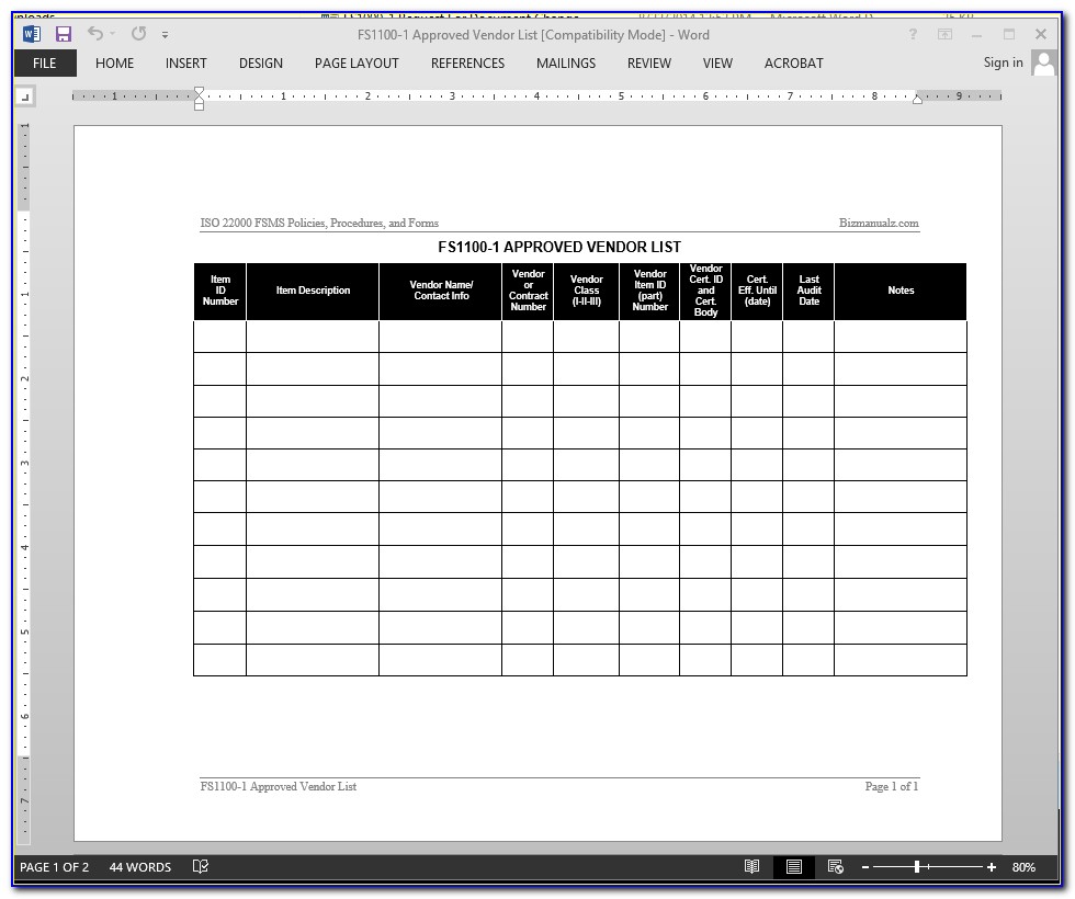 Fsms Food Safety Audit Checklist Template