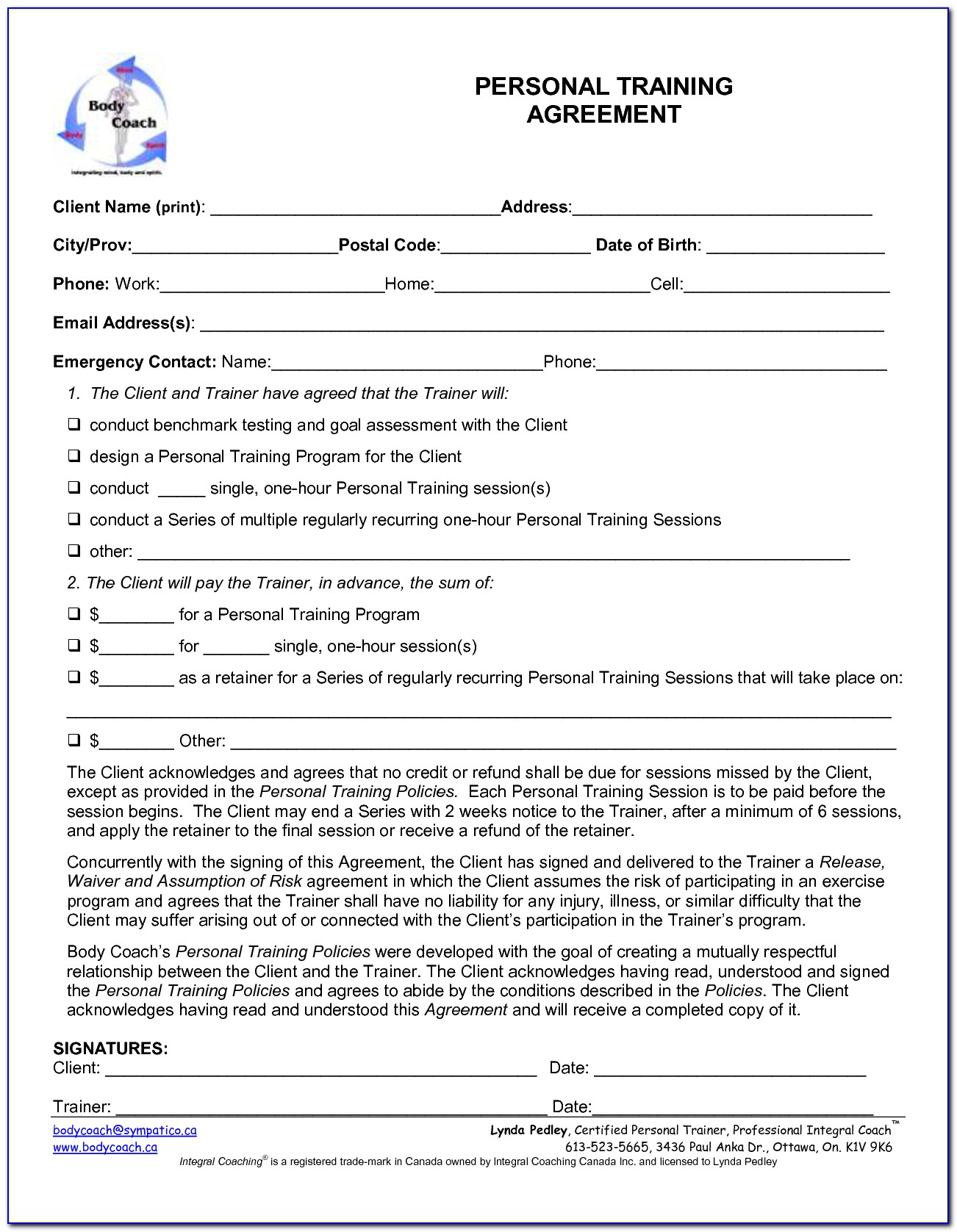 Personal Trainer Agreement Template