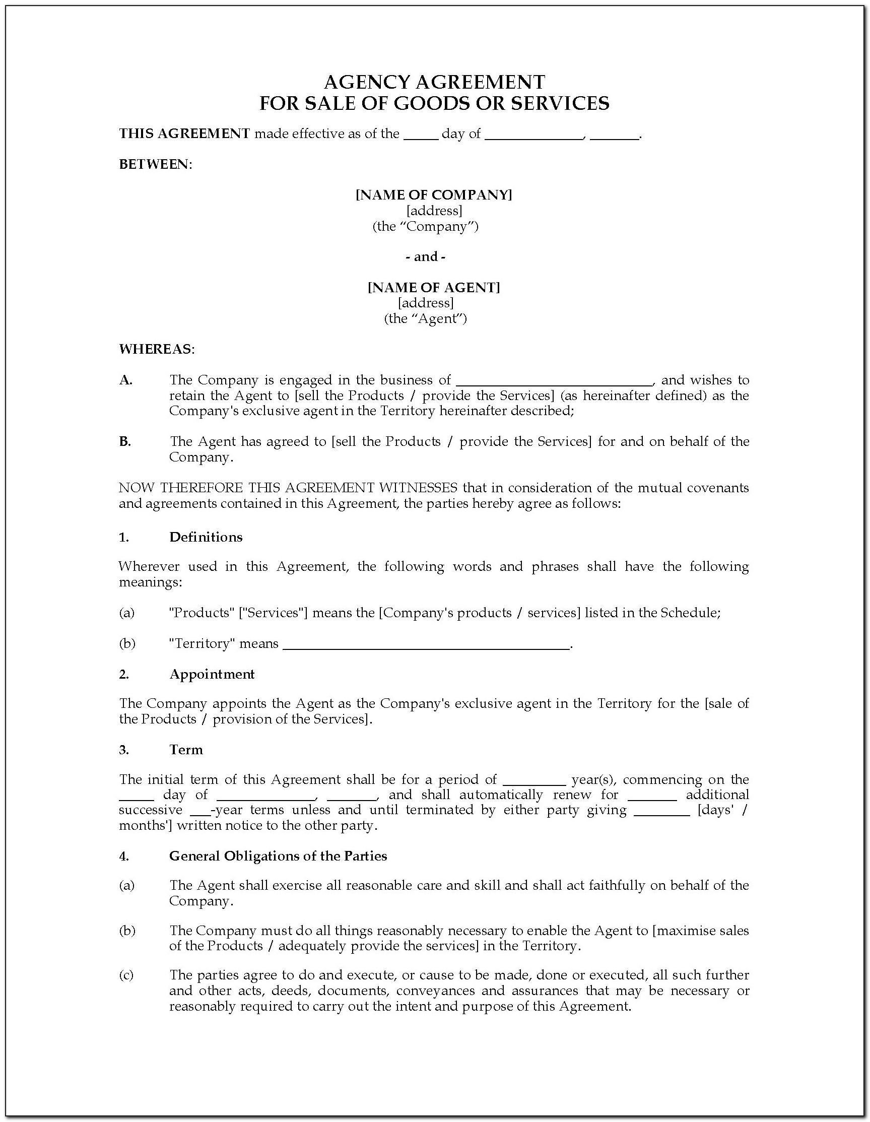 Sales Agency Agreement Template
