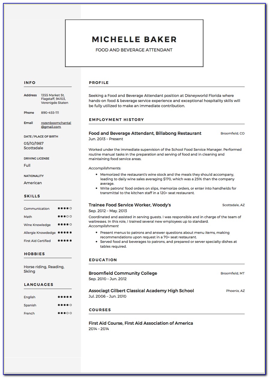 Sample Resume For Food And Beverage Coordinator