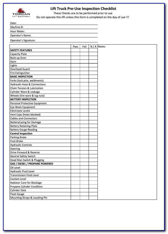 Weekly Forklift Checklist Form