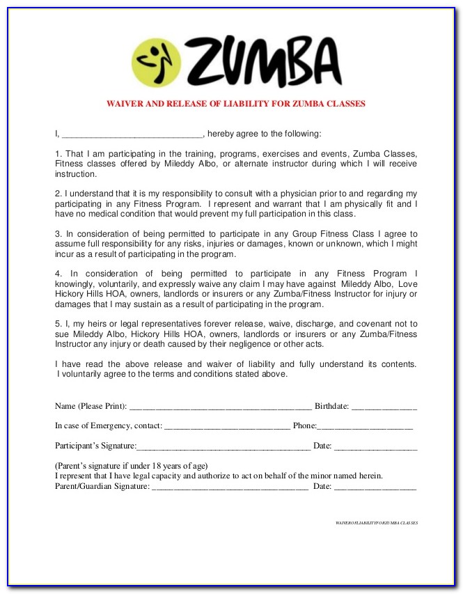 Zumba Fitness Class Waiver Form