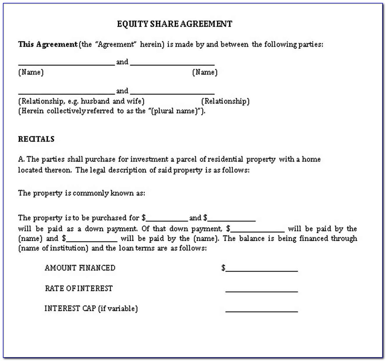 Business Equity Share Agreement Template