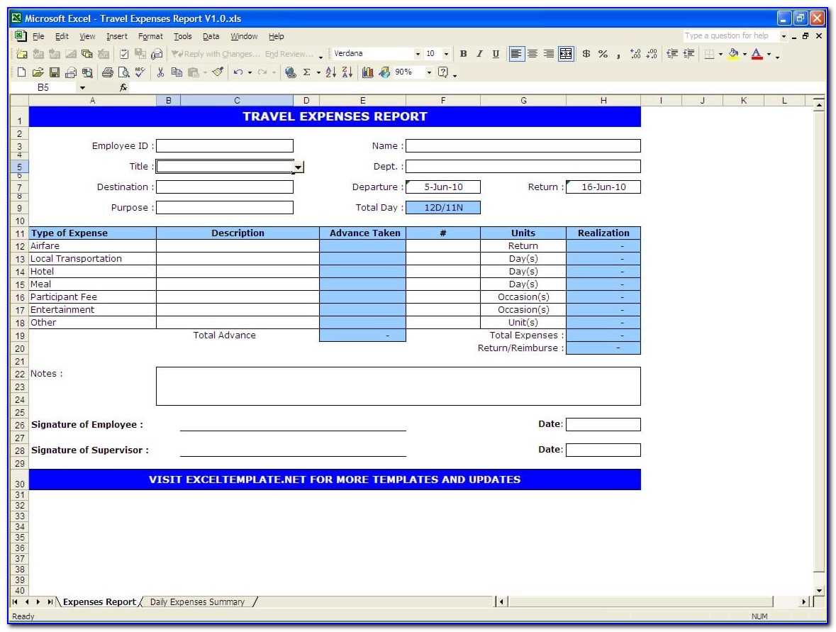 Daily Expenses Excel Format