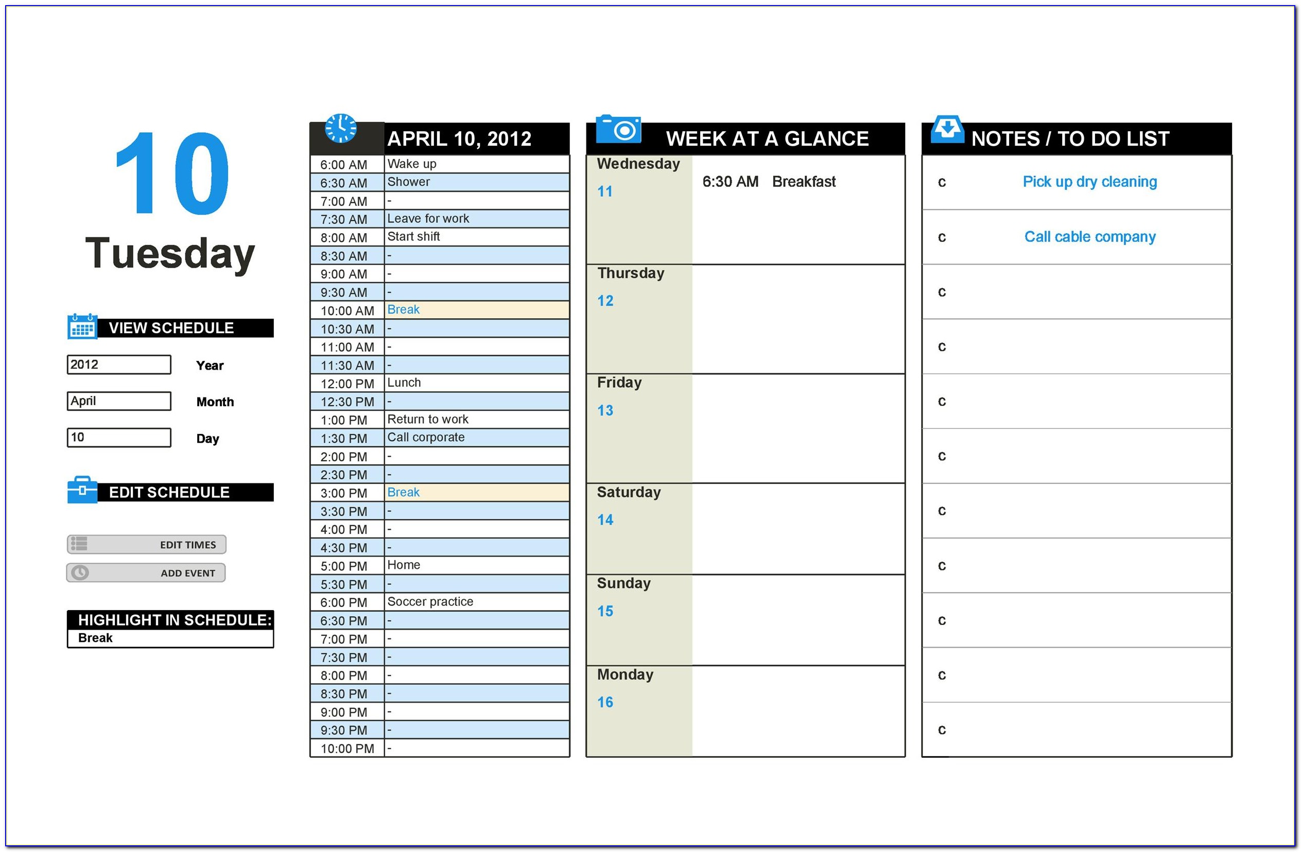 Daily Work Schedule Template Excel 2016