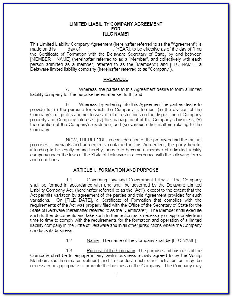 Delaware Llc Formation Operating Agreement