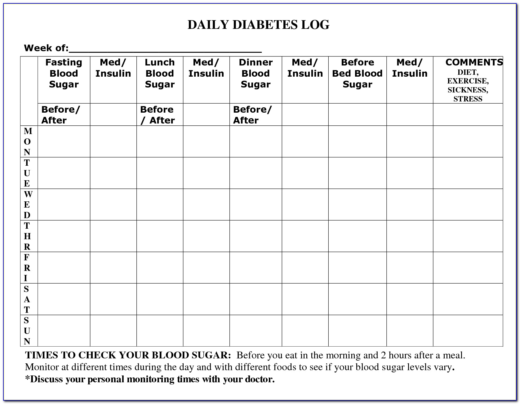Diabetic Food Diary Template