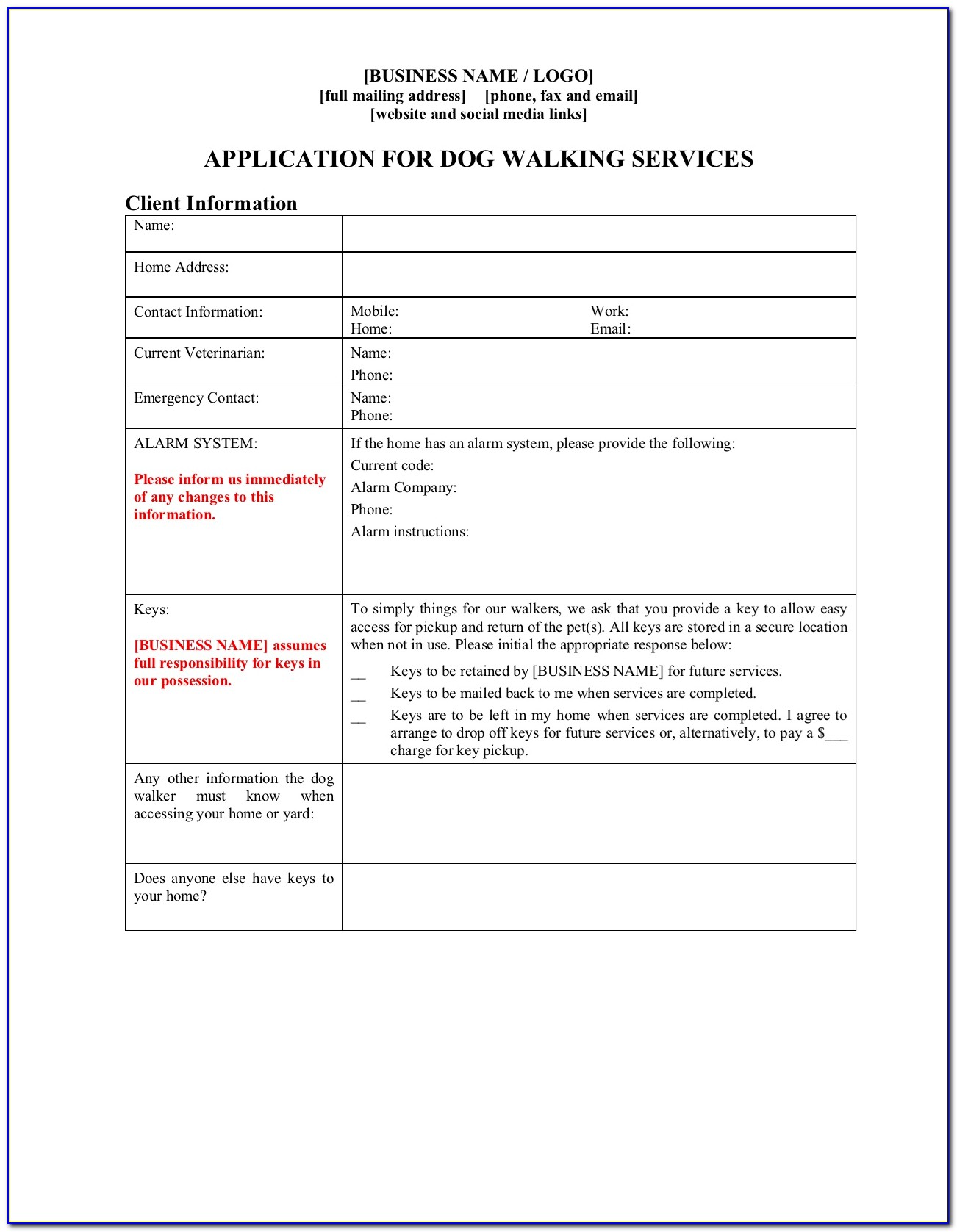 Dog Walker Contract Form