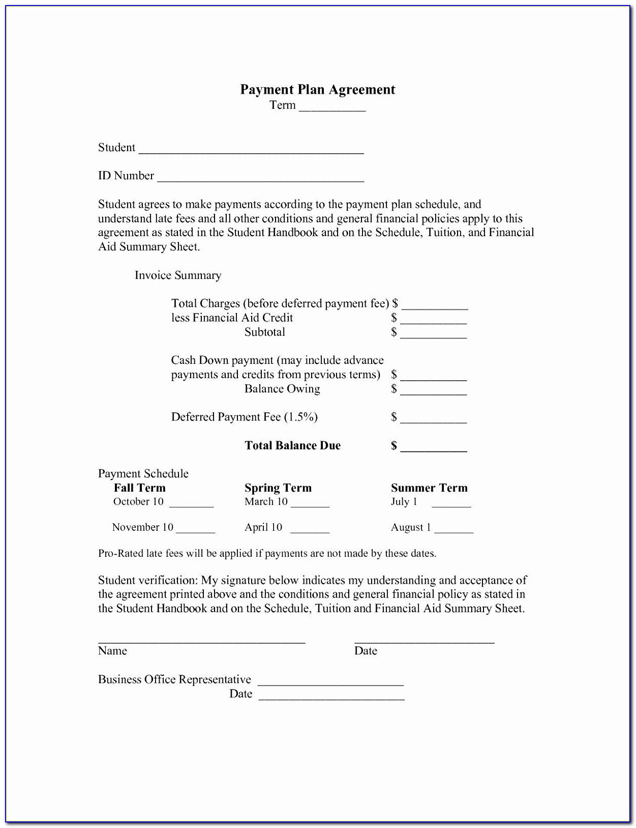Down Payment Agreement Form Sample