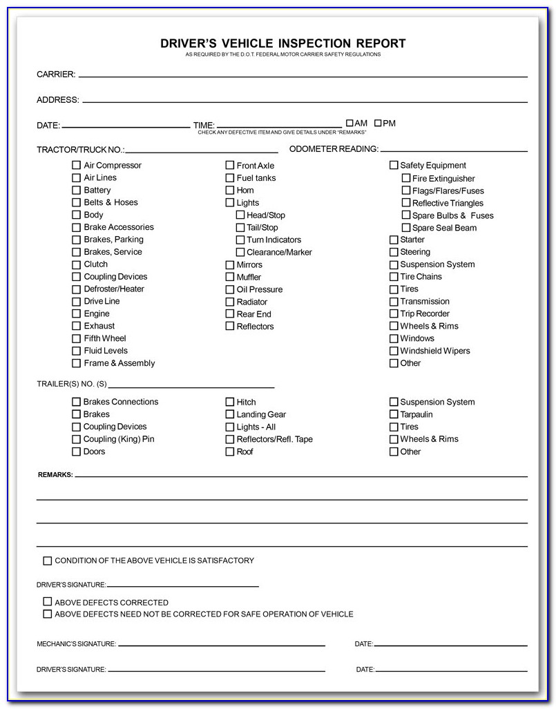 Drivers Daily Vehicle Inspection Report Form