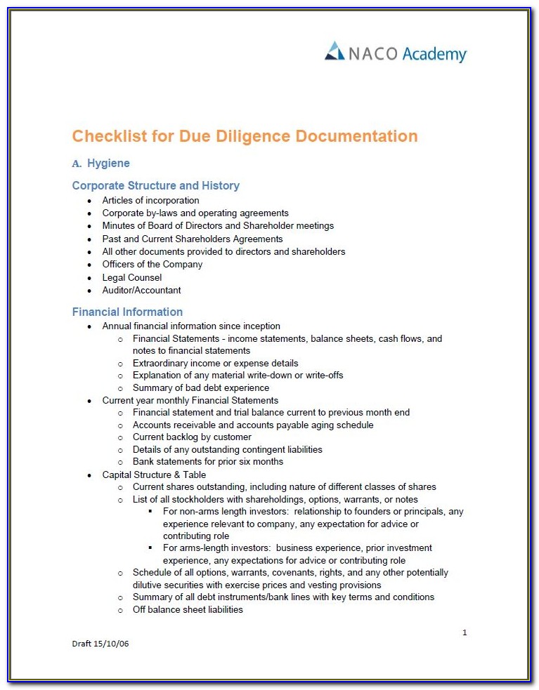 Due Diligence Checklist Format