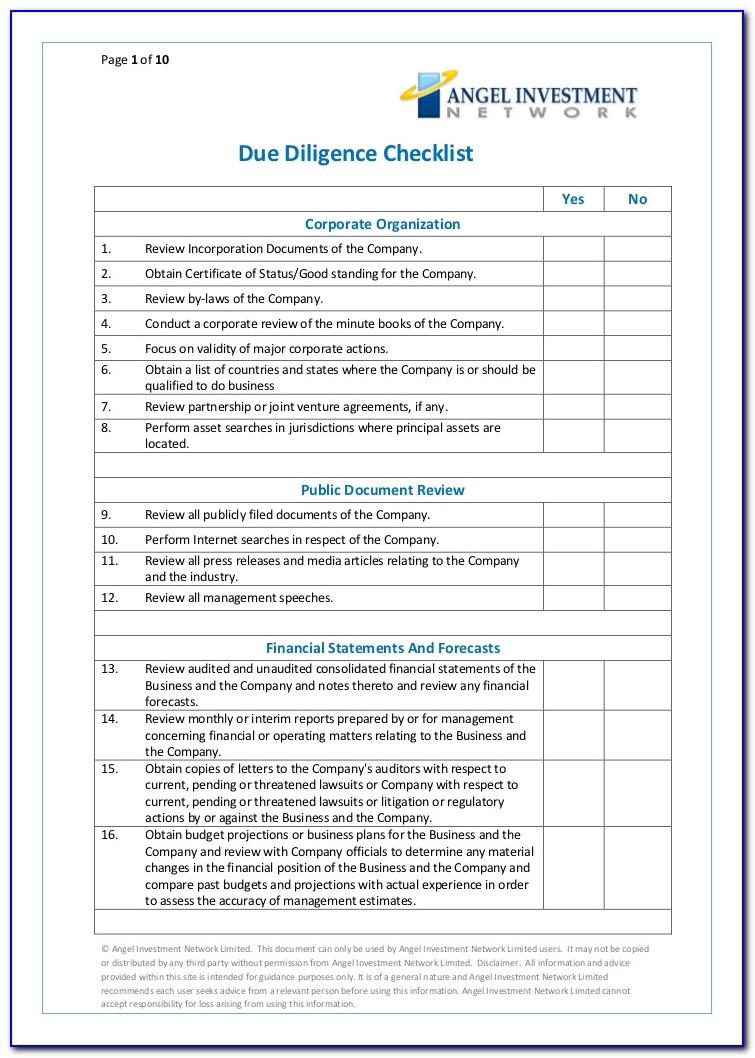Due Diligence Checklist Sample