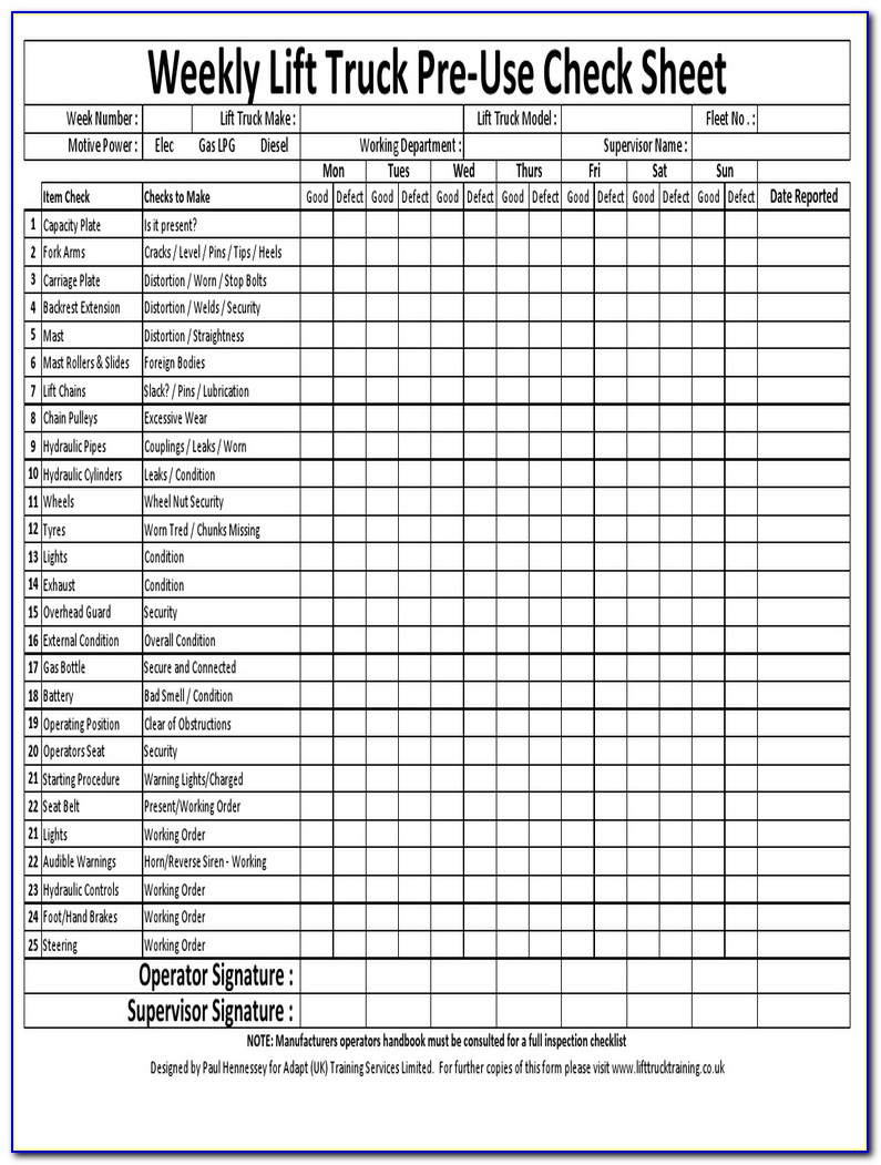 Electric Forklift Checklist Form