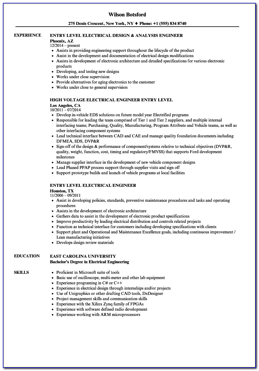 Electrical Engineer Resume Format For Fresher