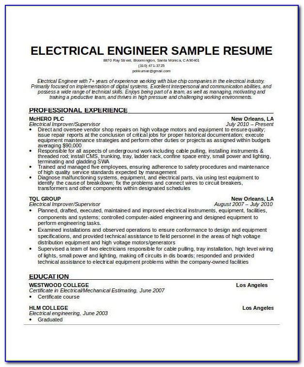 Electrical Engineering Resume Format Pdf Download