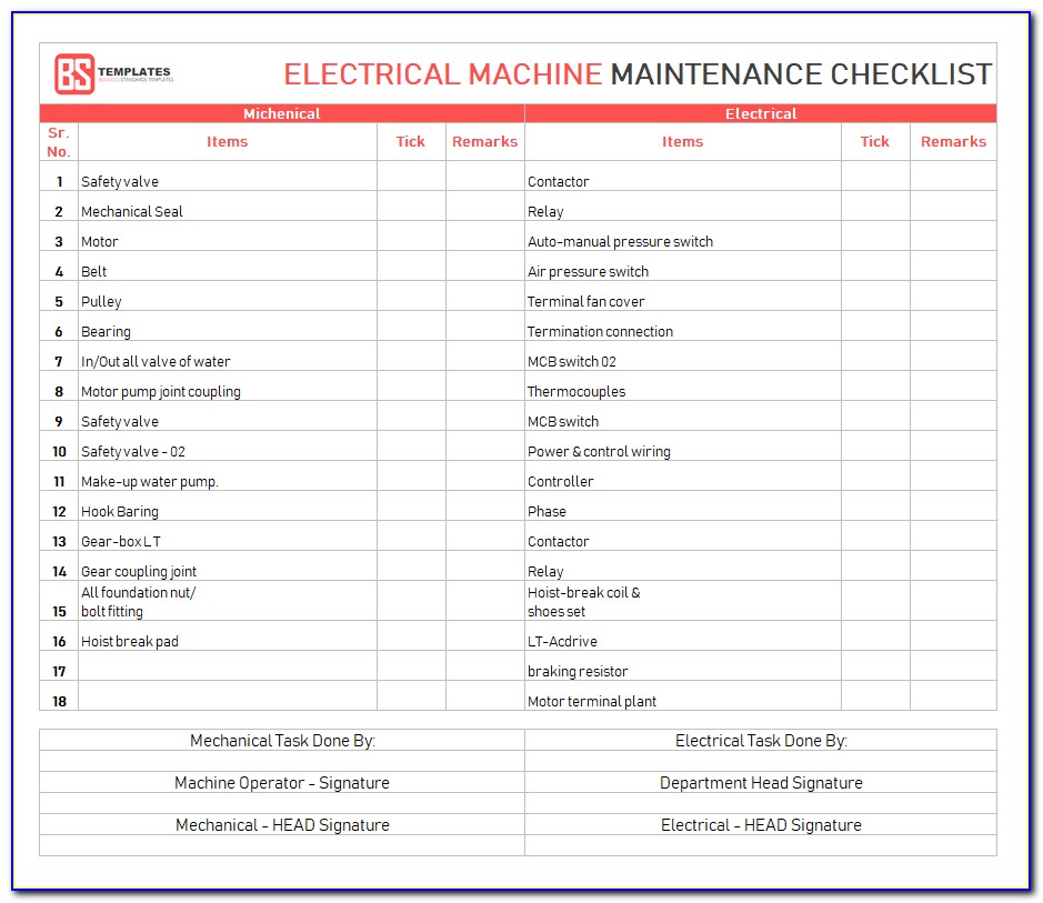 Electrical Maintenance Checklist Form