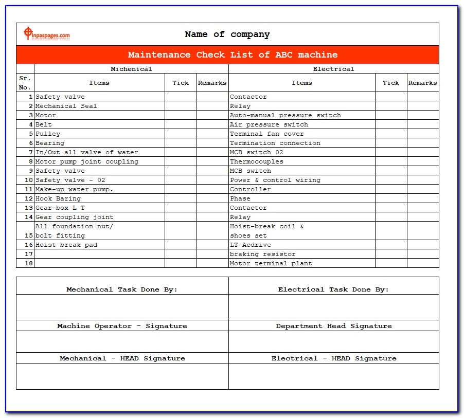 Electrical Maintenance Checklist Format