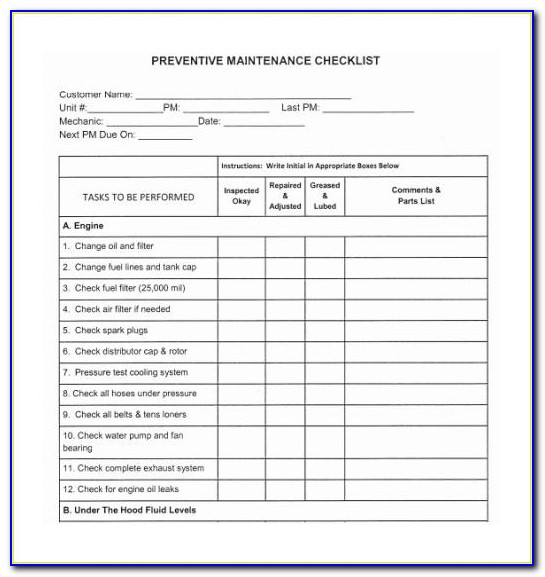 Electrical Maintenance Checklist Template Excel