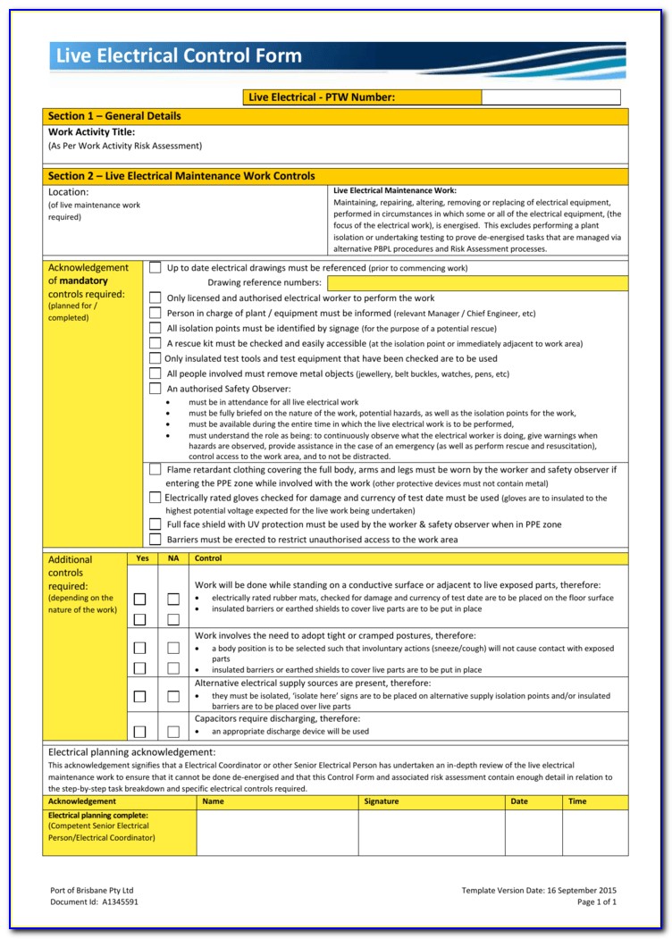 Electrical Work Risk Assessment Template