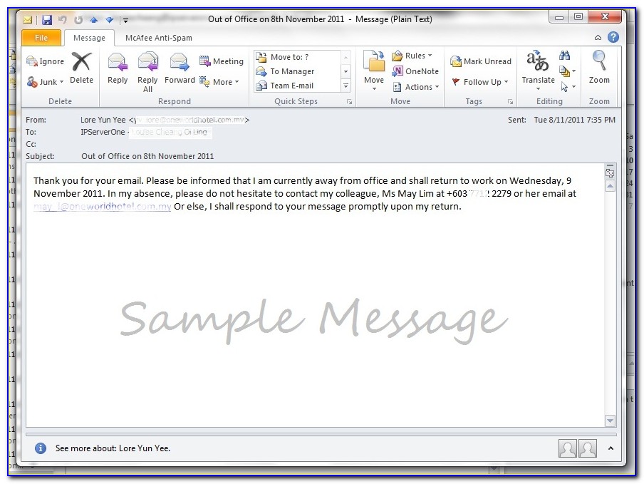 Email Auto Response Message Example