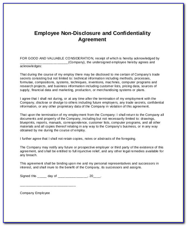 Employee Confidentiality And Nondisclosure Agreement Sample