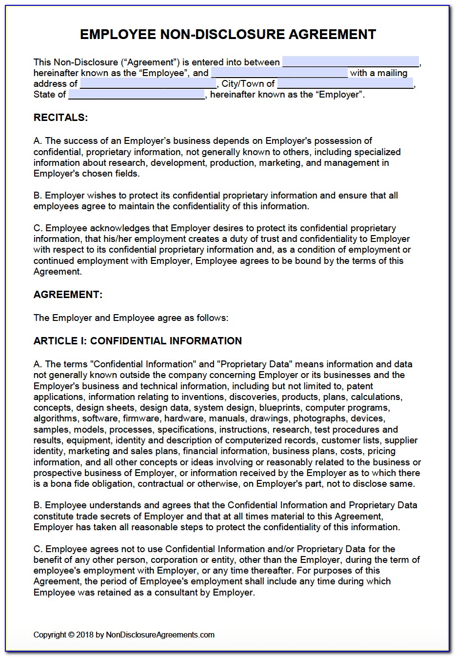 Employee Confidentiality And Nondisclosure Agreement Template