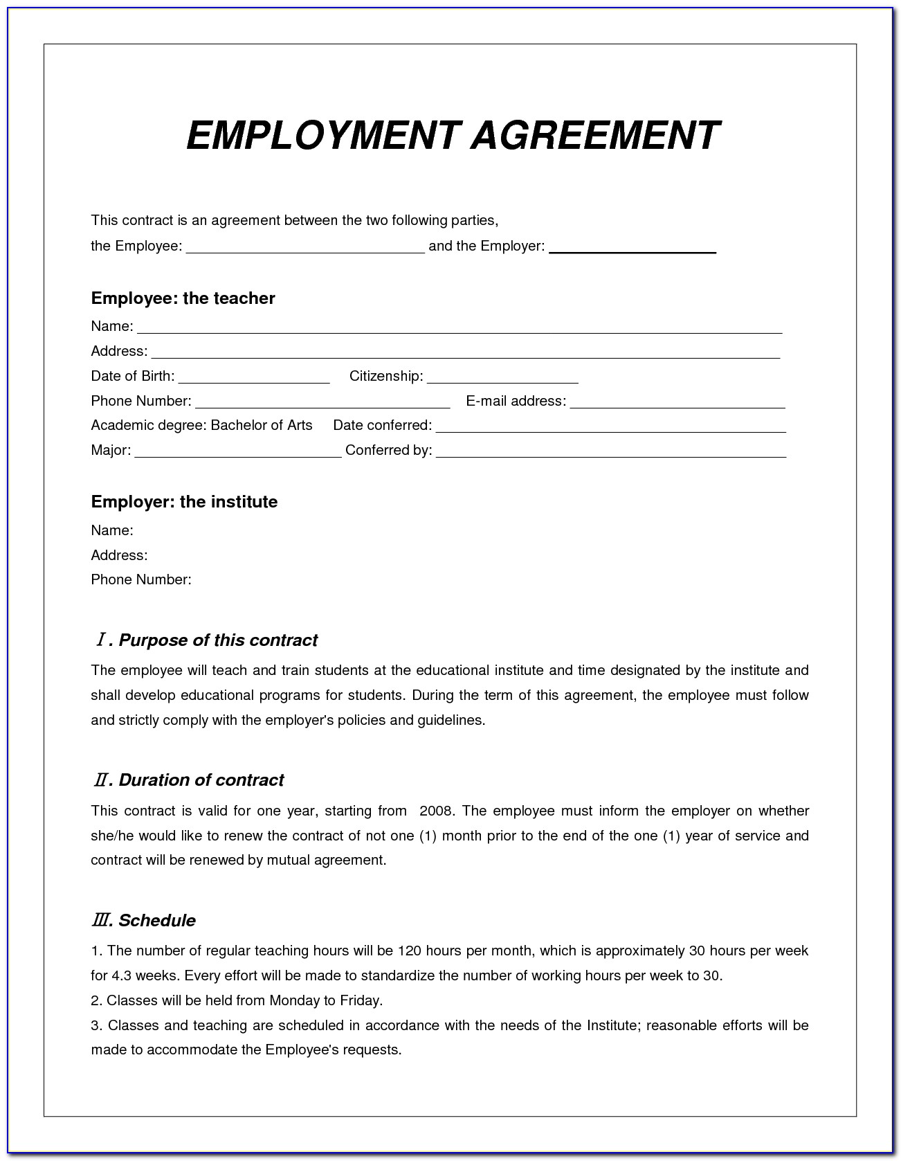 Employee Employer Agreement Template