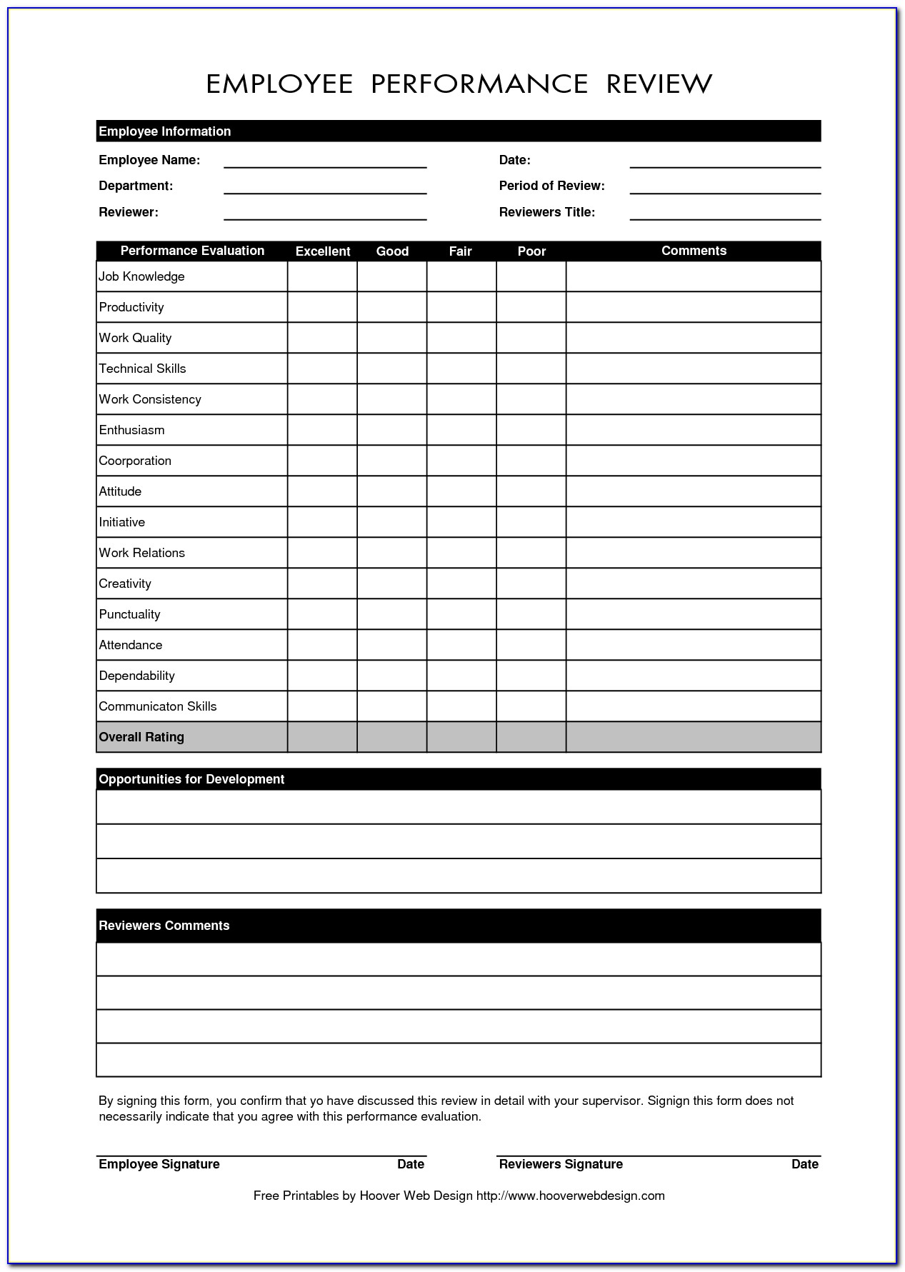 Employee Evaluation Form Template Doc