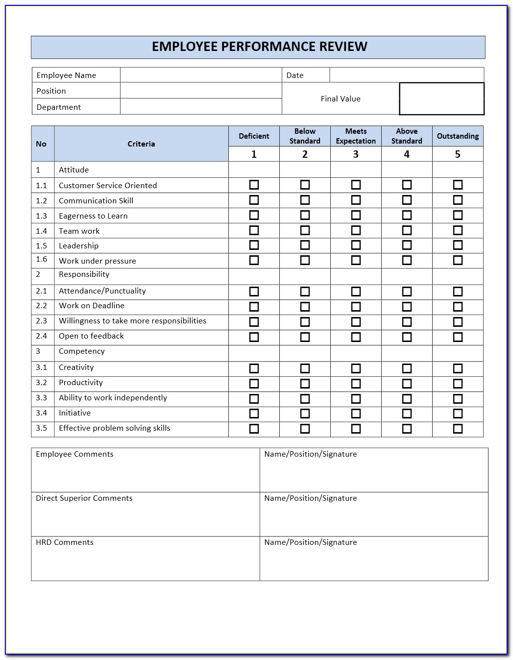 Employee Evaluation Form Templates