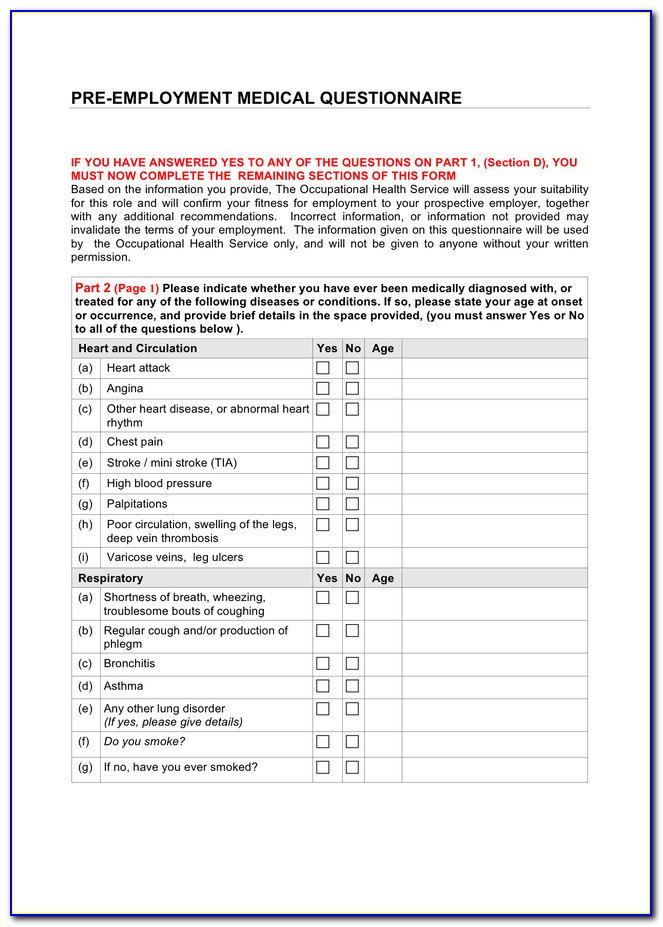 Employee Health Questionnaire Template Word