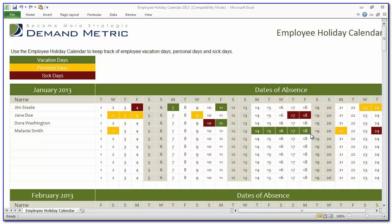 Employee Holiday Calendar Template 2016